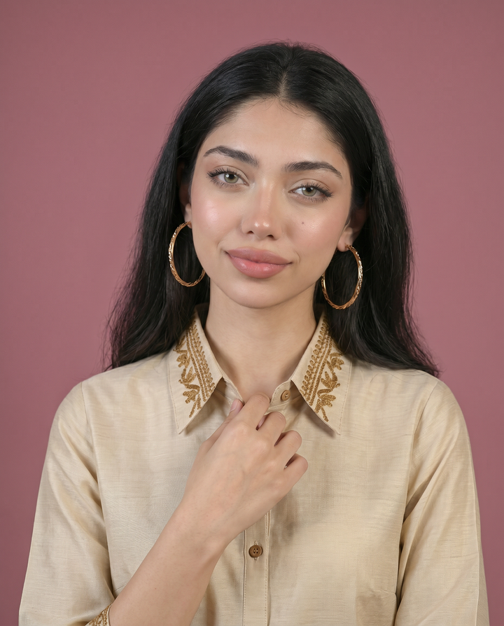 Beige Embroidered Viscose Blended Co-Ord Set