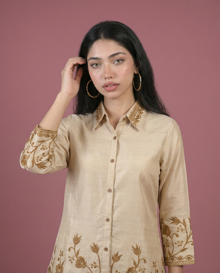 Beige Embroidered Viscose Blended Co-Ord Set