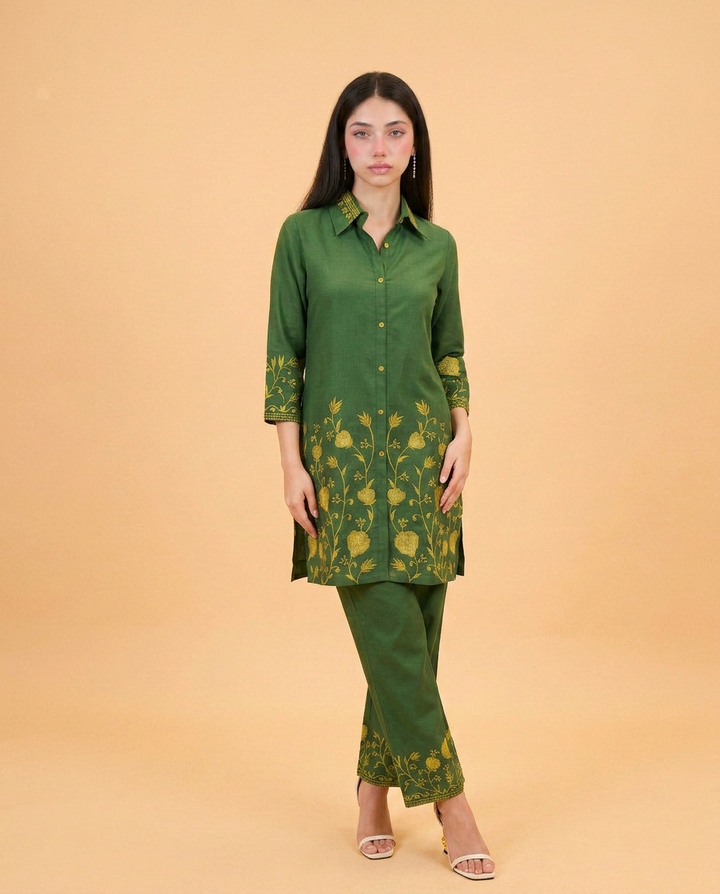Green Embroidered Viscose Blended Co-Ord Set