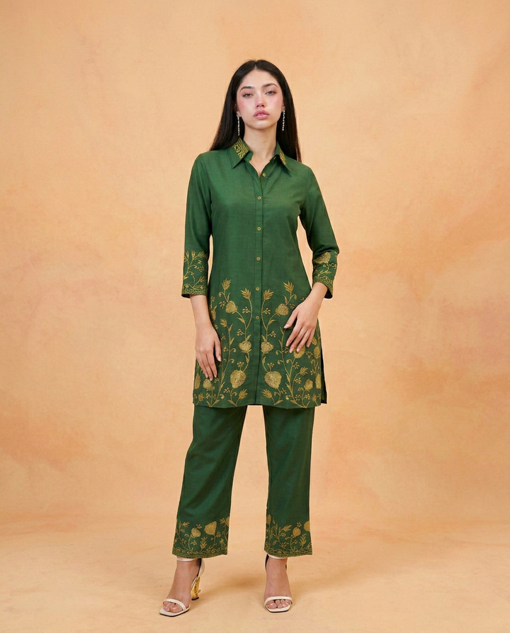 Green Embroidered Viscose Blended Co-Ord Set