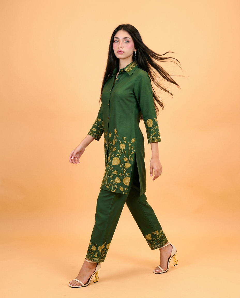 Green Embroidered Viscose Blended Co-Ord Set
