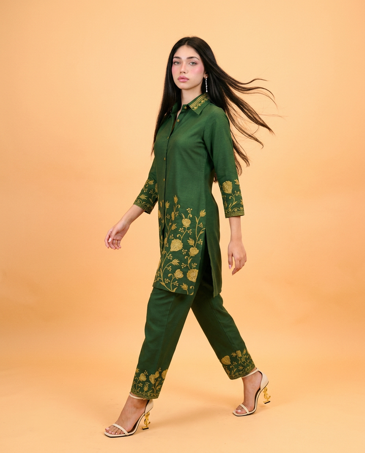 Green Embroidered Viscose Blended Co-Ord Set