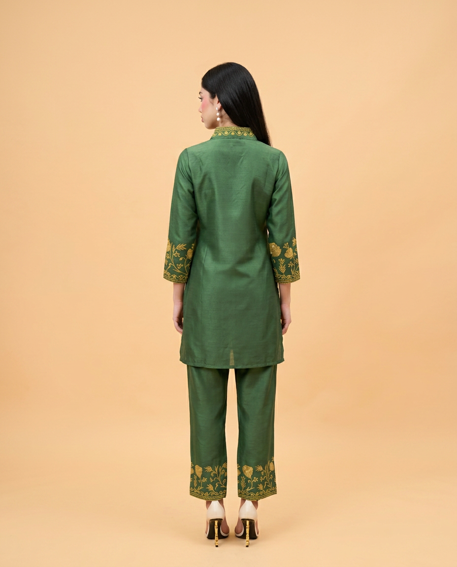 Green Embroidered Viscose Blended Co-Ord Set