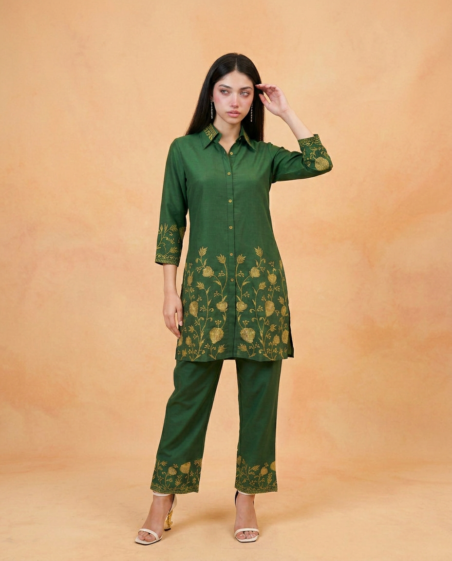 Green Embroidered Viscose Blended Co-Ord Set
