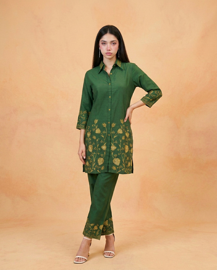 Green Embroidered Viscose Blended Co-Ord Set