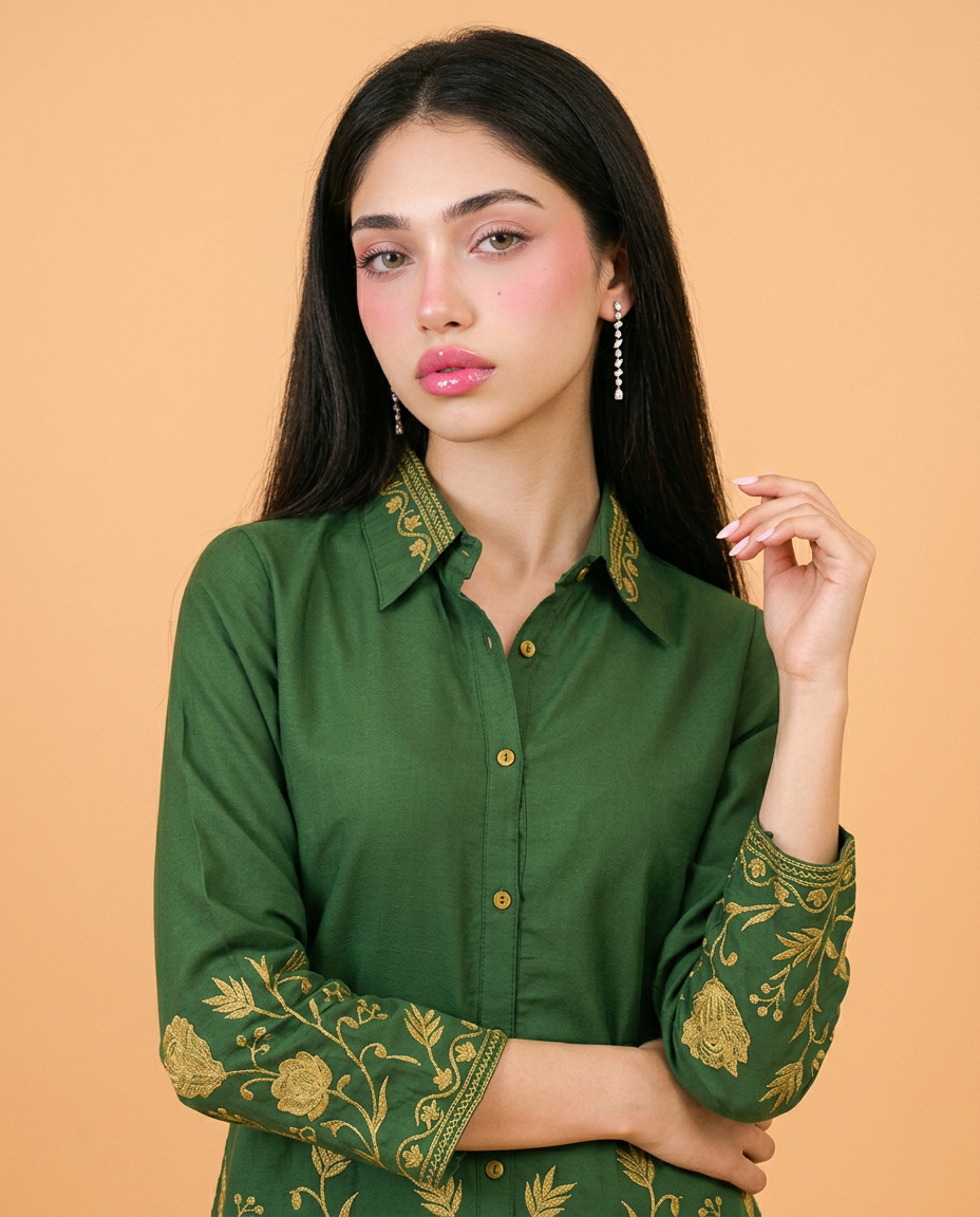 Green Embroidered Viscose Blended Co-Ord Set
