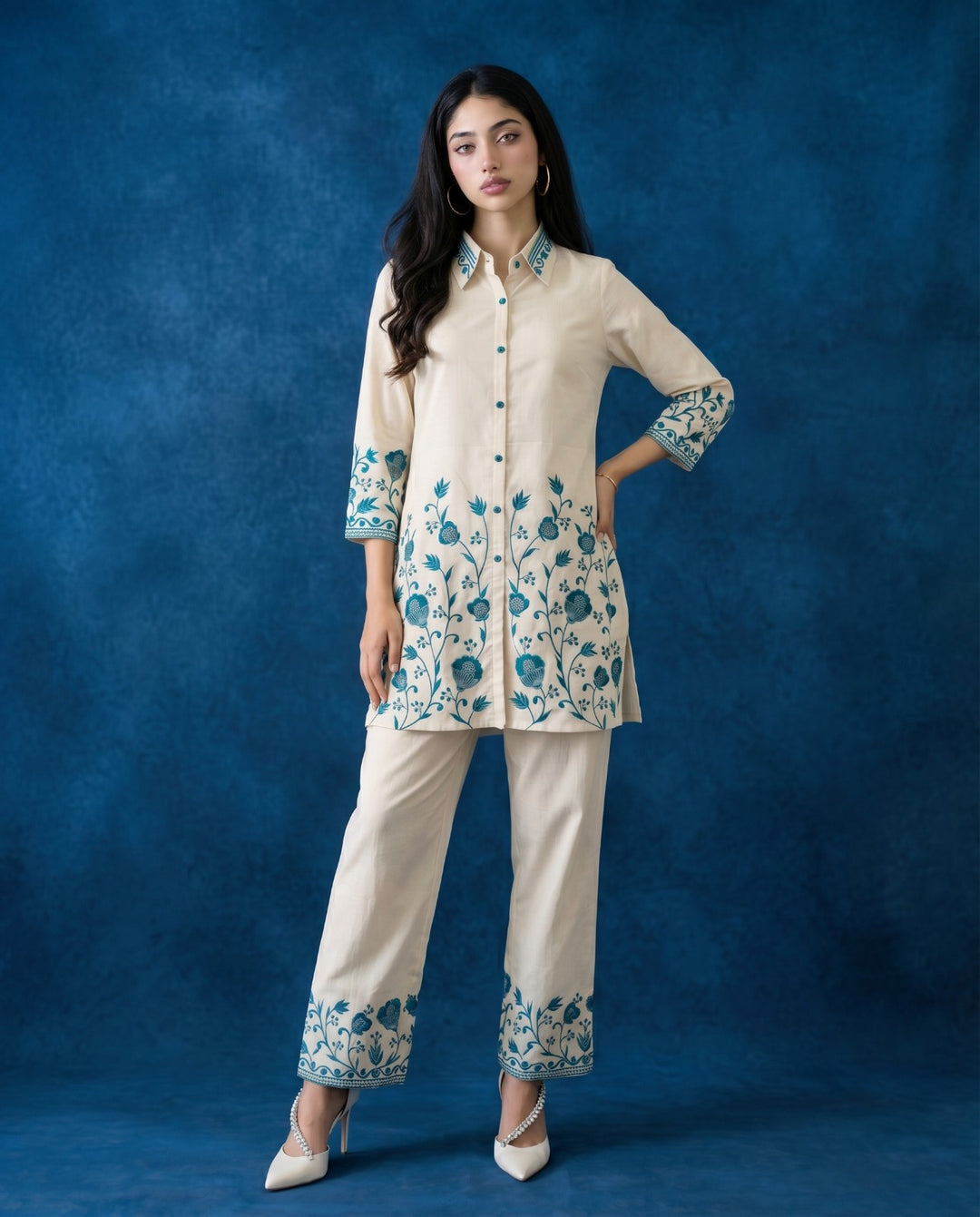 Teal Blue Embroidered Cotton Co-Ord Set
