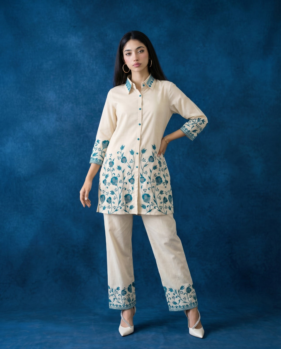 Teal Blue Embroidered Cotton Co-Ord Set