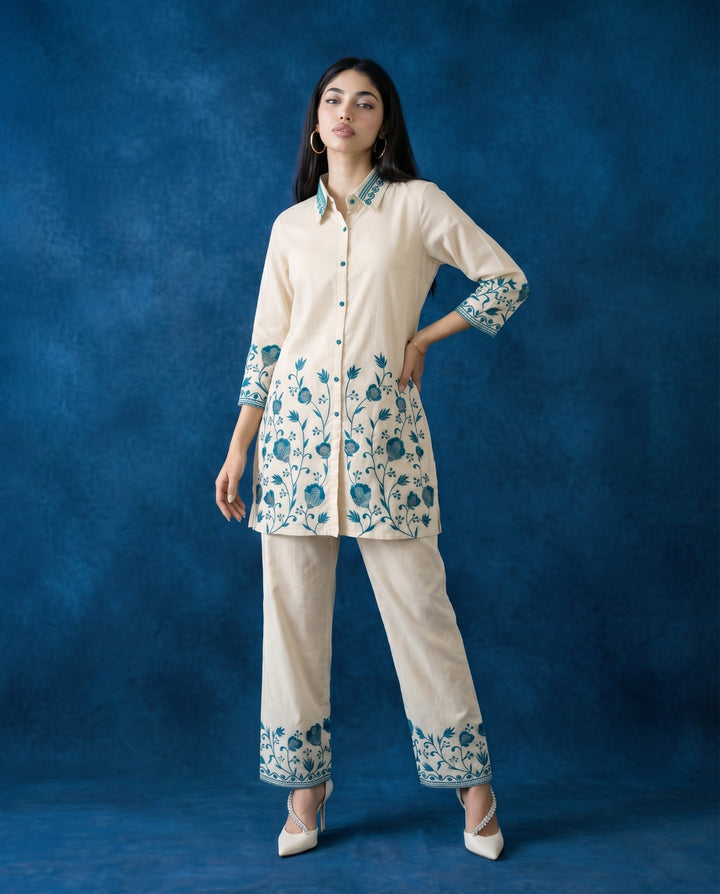 Teal Blue Embroidered Cotton Co-Ord Set