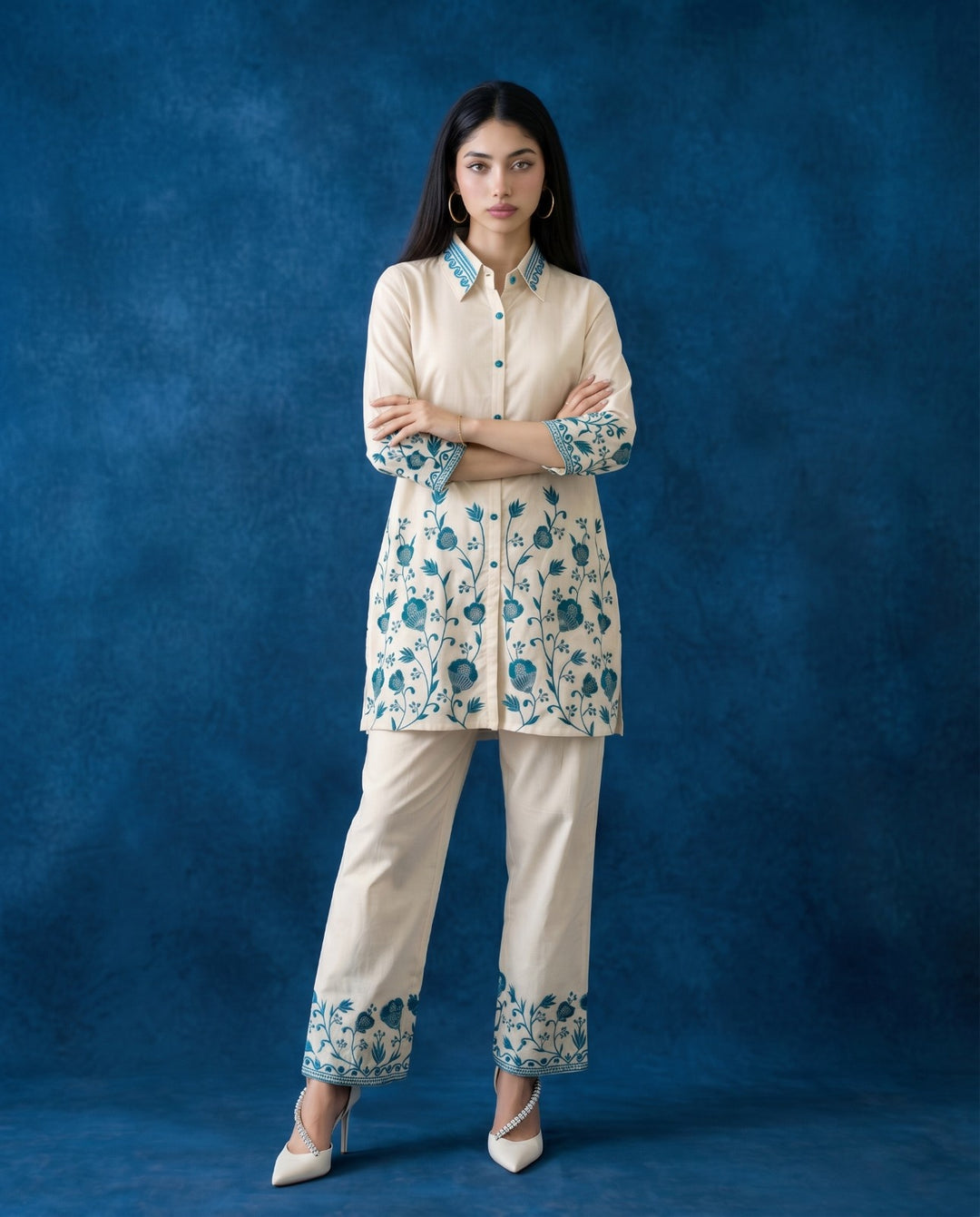 Teal Blue Embroidered Cotton Co-Ord Set