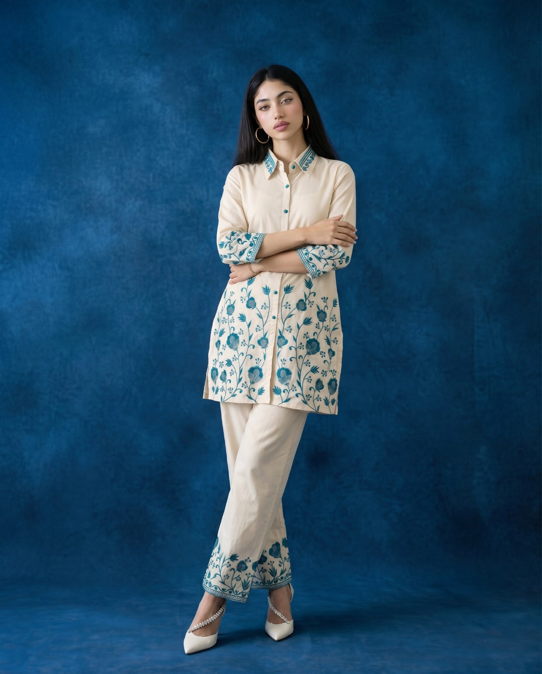 Teal Blue Embroidered Cotton Co-Ord Set