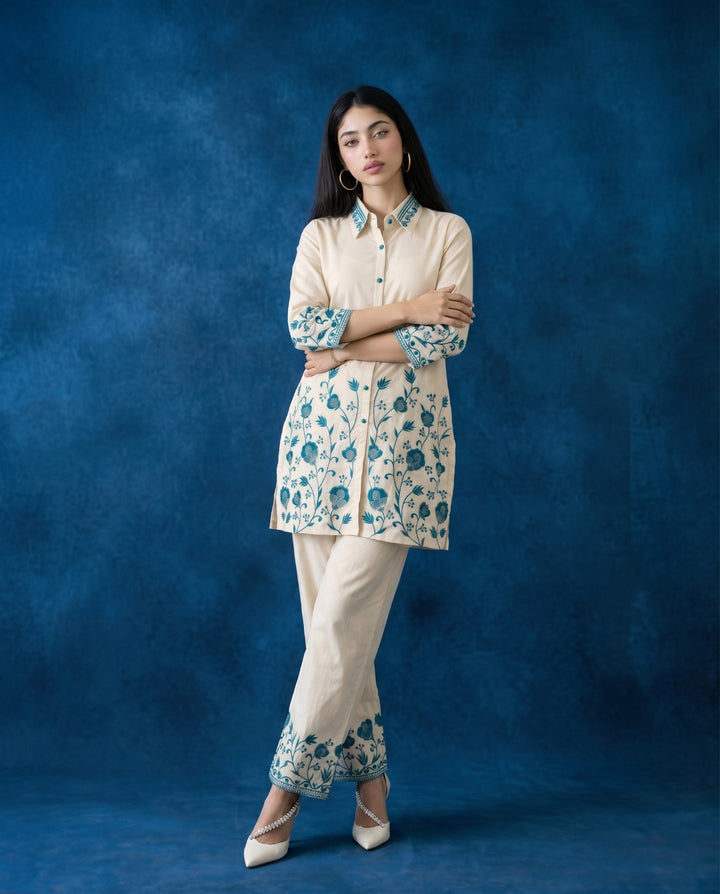 Teal Blue Embroidered Cotton Co-Ord Set