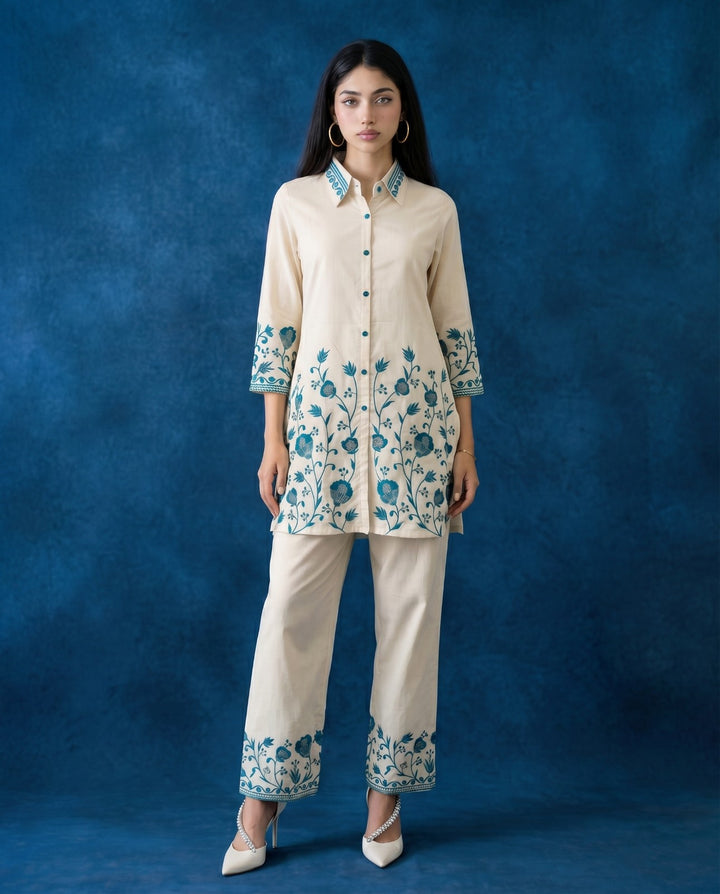 Teal Blue Embroidered Cotton Co-Ord Set