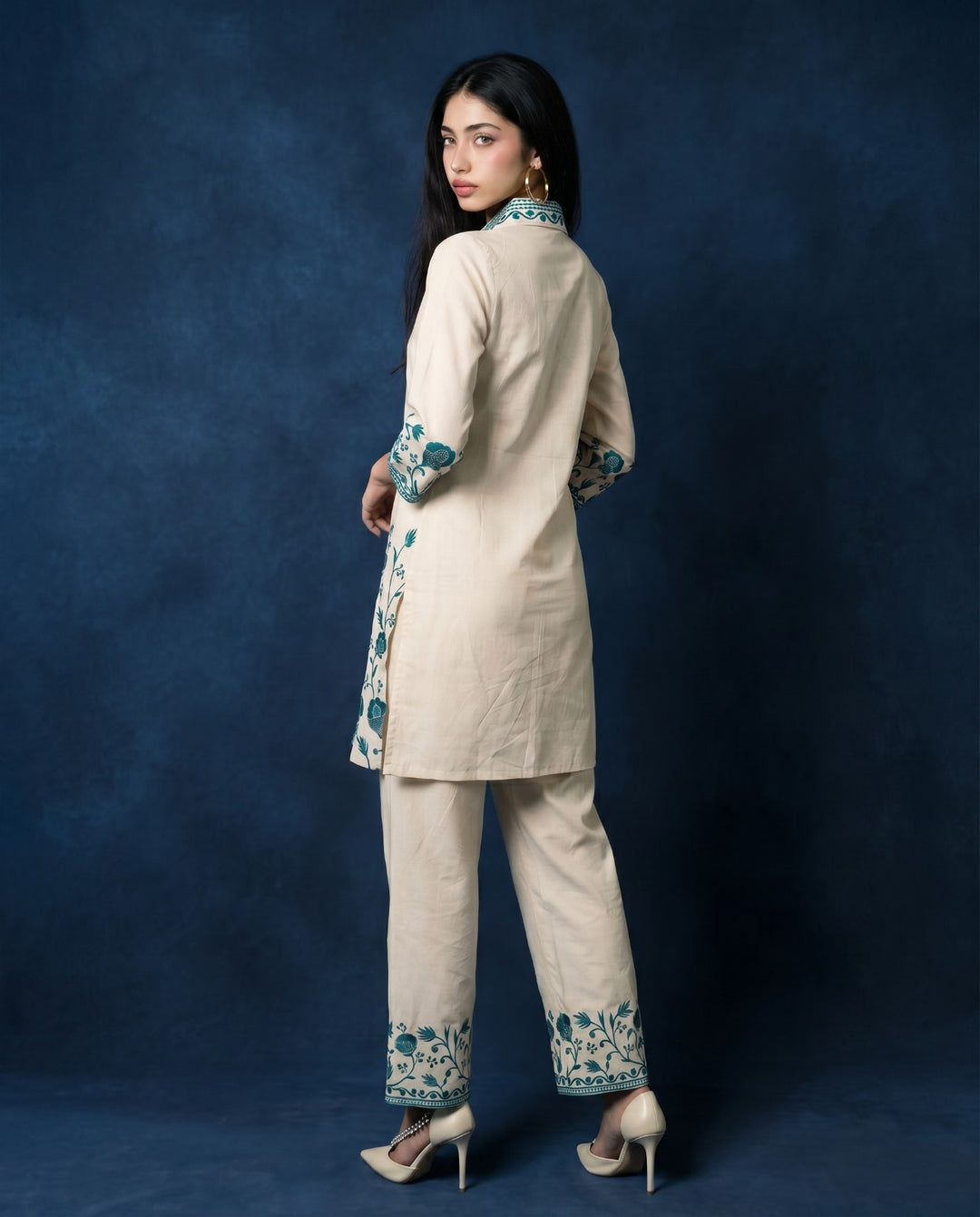 Teal Blue Embroidered Cotton Co-Ord Set