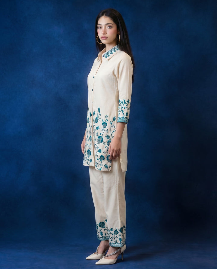 Teal Blue Embroidered Cotton Co-Ord Set