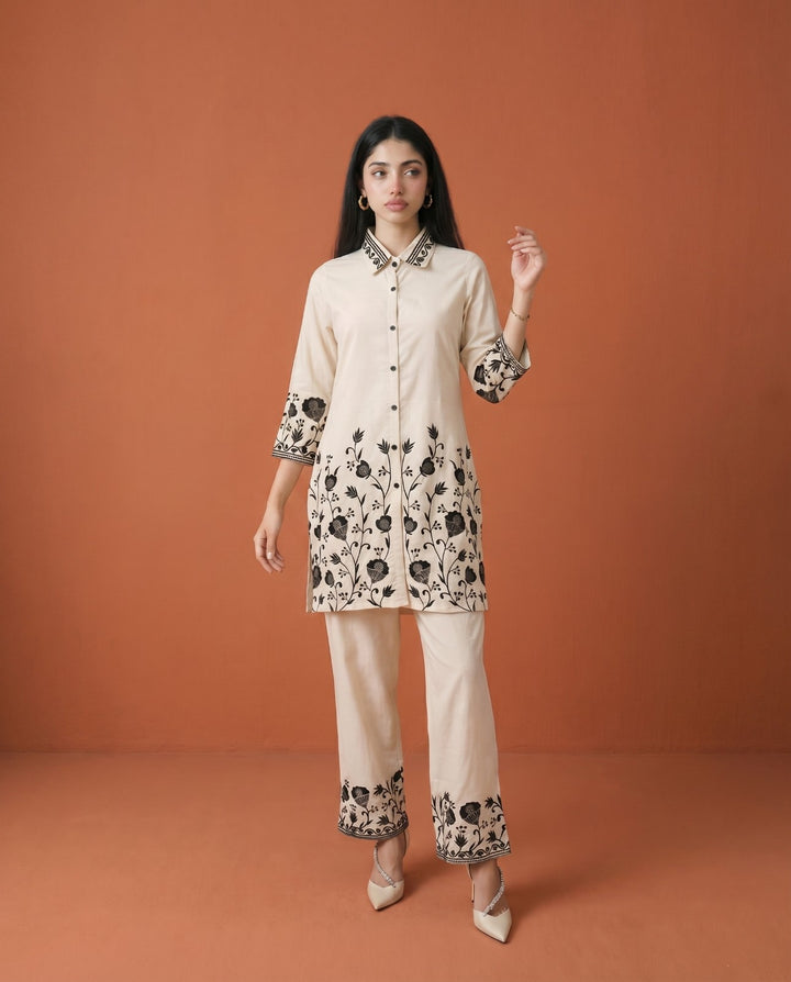 White Embroidered Viscose Blended Co-Ord Set
