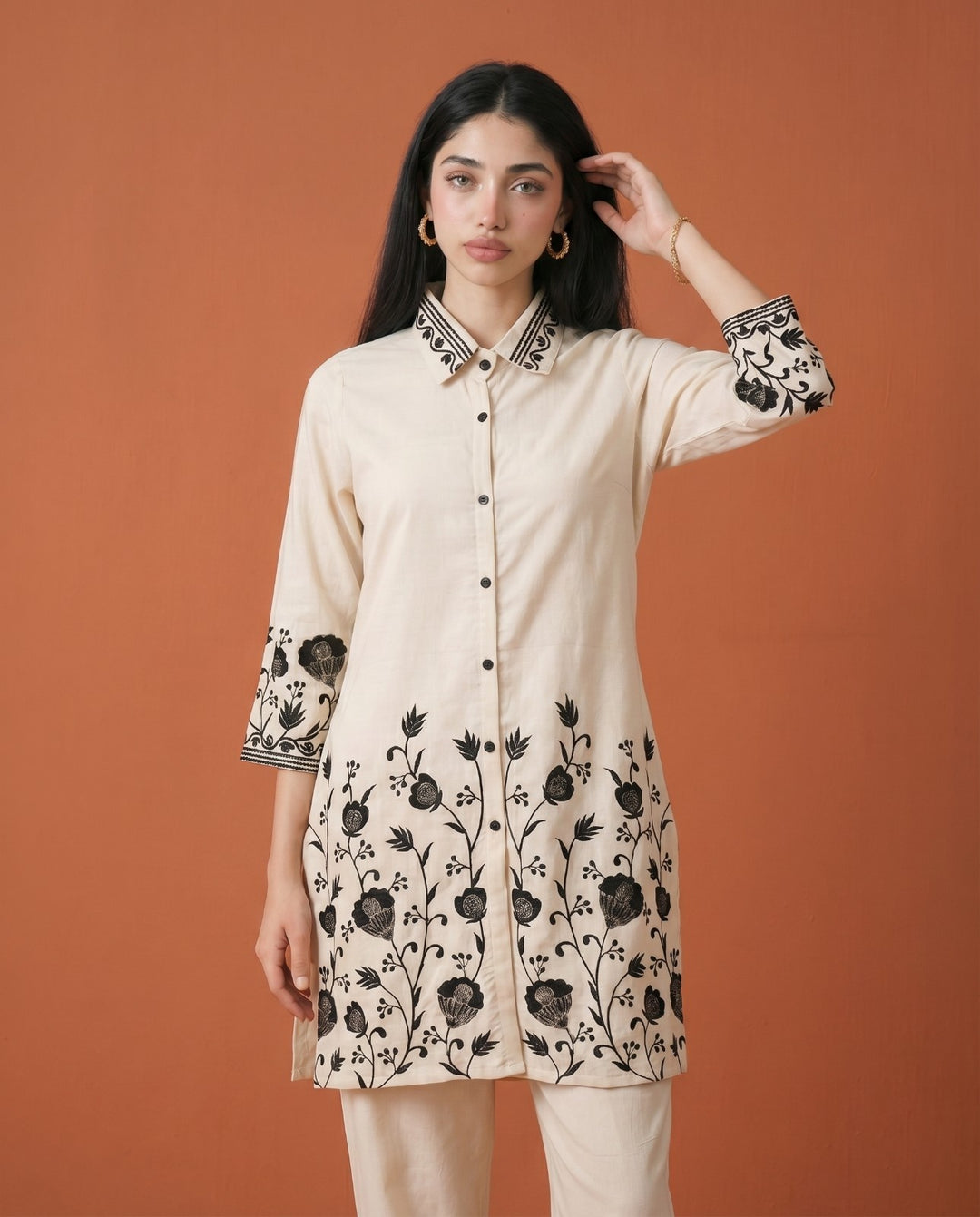 White Embroidered Viscose Blended Co-Ord Set