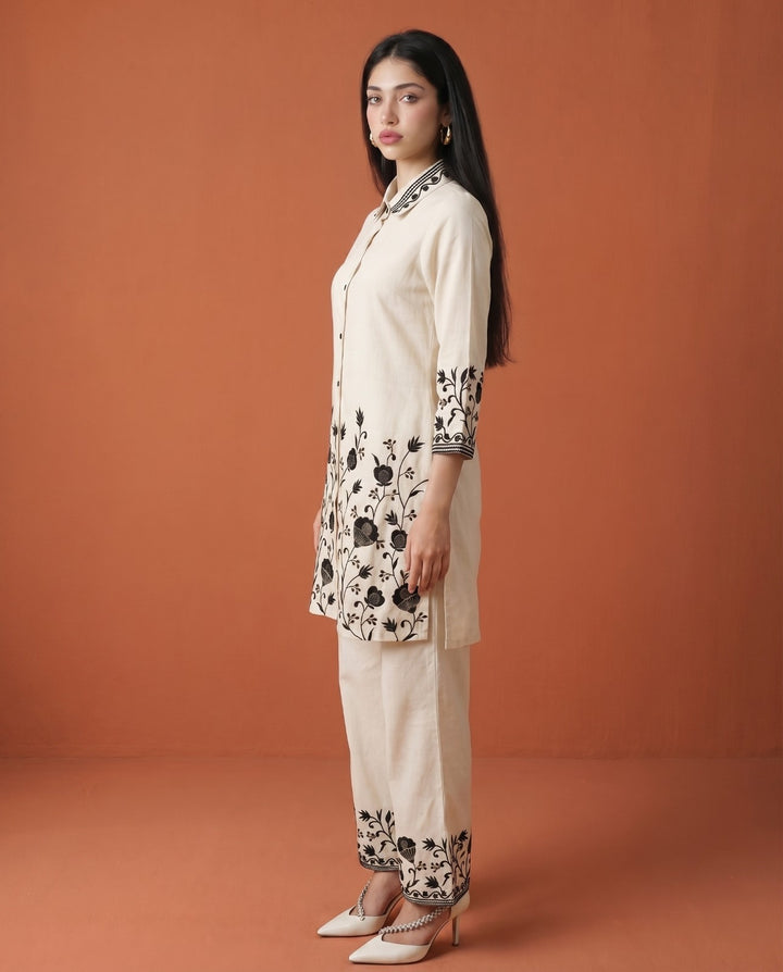 White Embroidered Viscose Blended Co-Ord Set