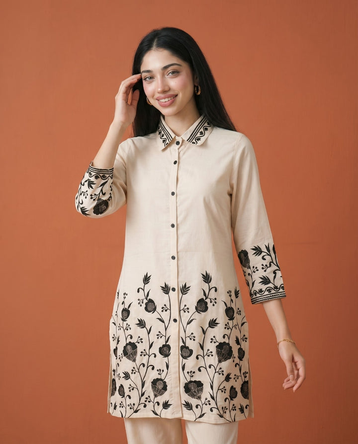 White Embroidered Viscose Blended Co-Ord Set