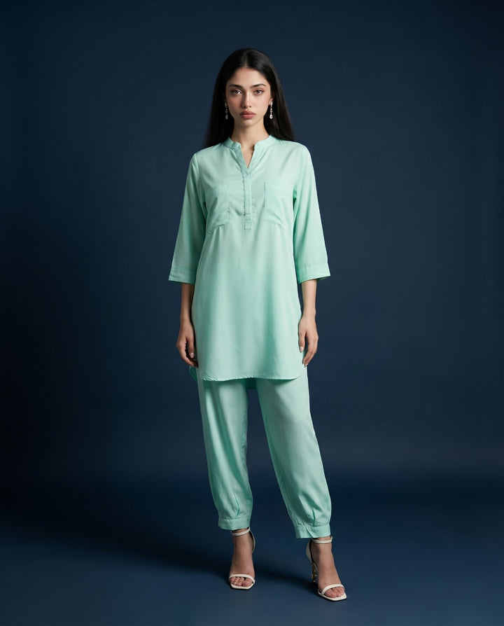 Sea Green Solid Cotton Satin Co-Ord Set