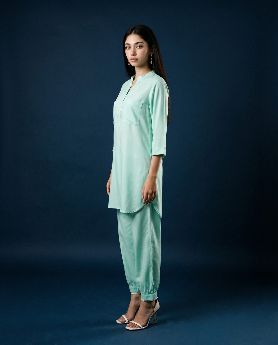 Sea Green Solid Cotton Satin Co-Ord Set