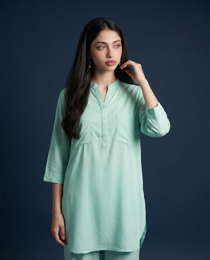 Sea Green Solid Cotton Satin Co-Ord Set
