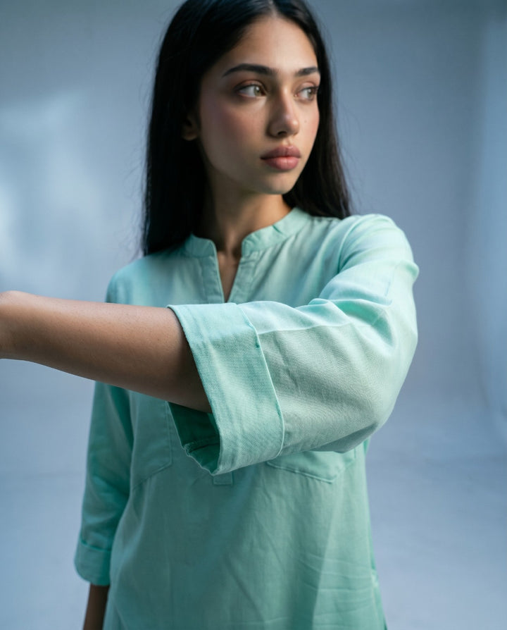 Sea Green Solid Cotton Satin Co-Ord Set