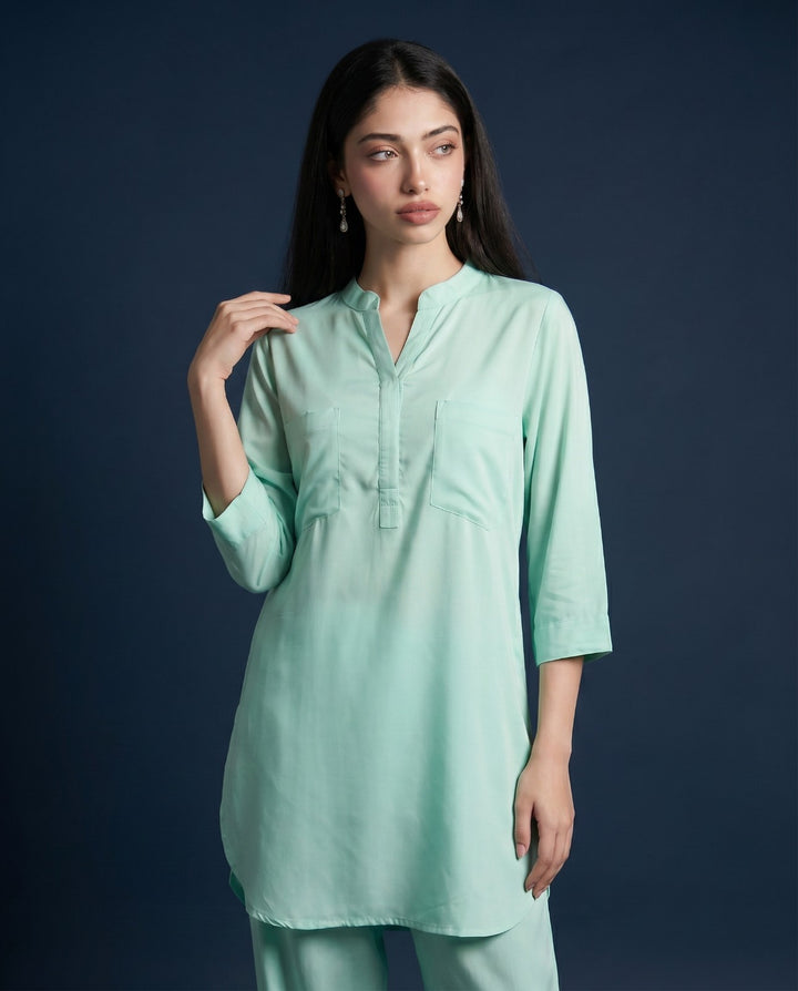 Sea Green Solid Cotton Satin Co-Ord Set