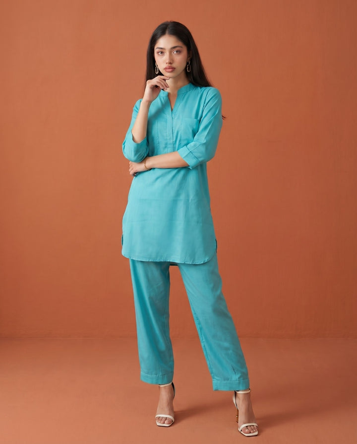 Turquoise Green Solid Cotton Satin Co-Ord Set
