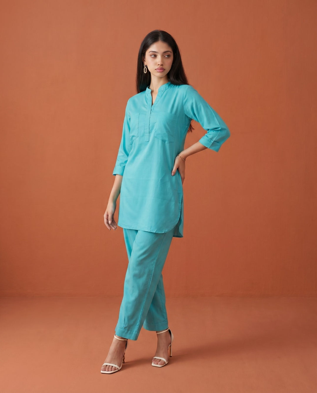 Turquoise Green Solid Cotton Satin Co-Ord Set