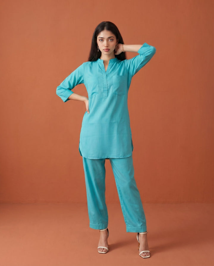 Turquoise Green Solid Cotton Satin Co-Ord Set