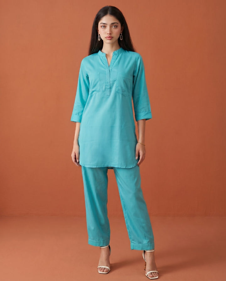 Turquoise Green Solid Cotton Satin Co-Ord Set