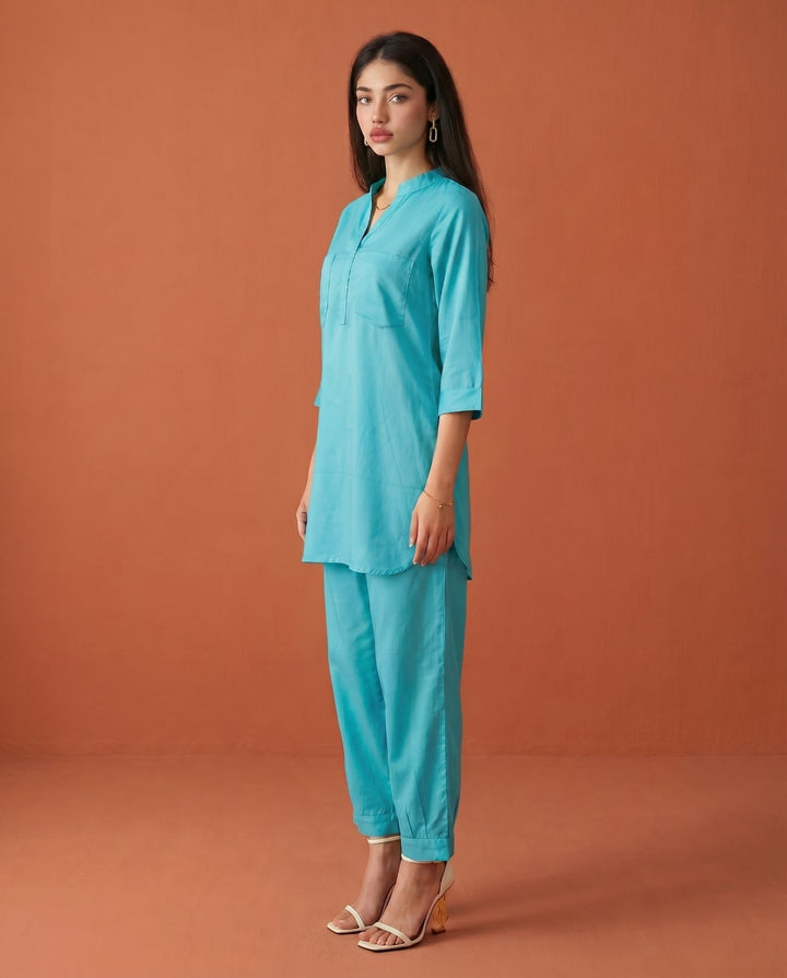 Turquoise Green Solid Cotton Satin Co-Ord Set