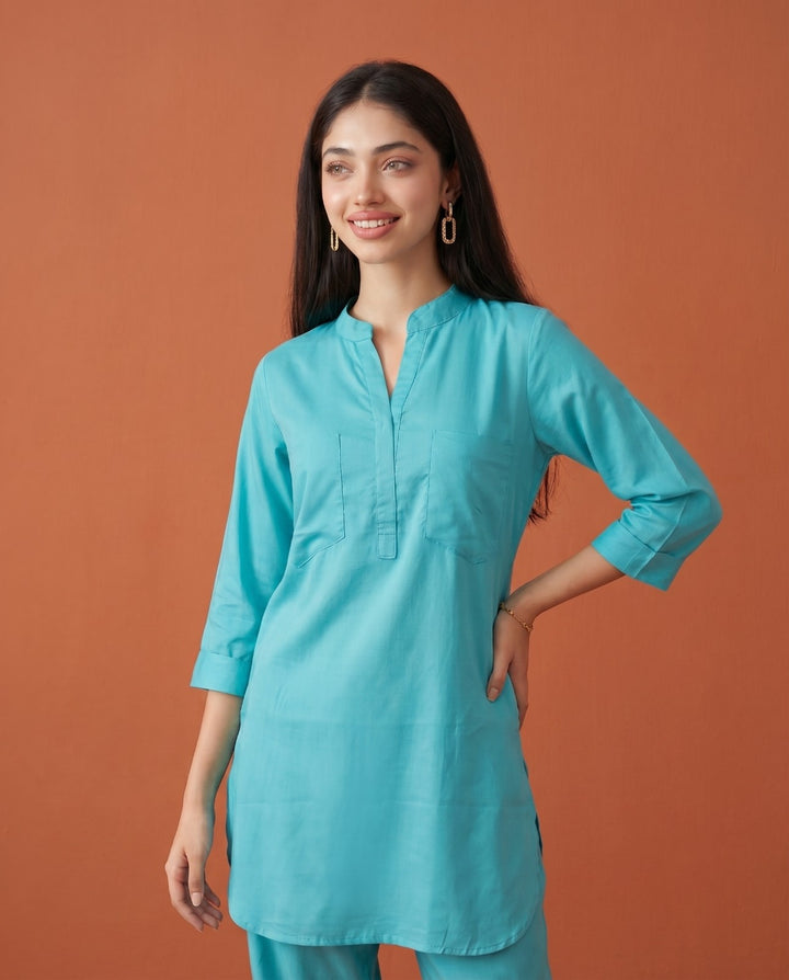 Turquoise Green Solid Cotton Satin Co-Ord Set