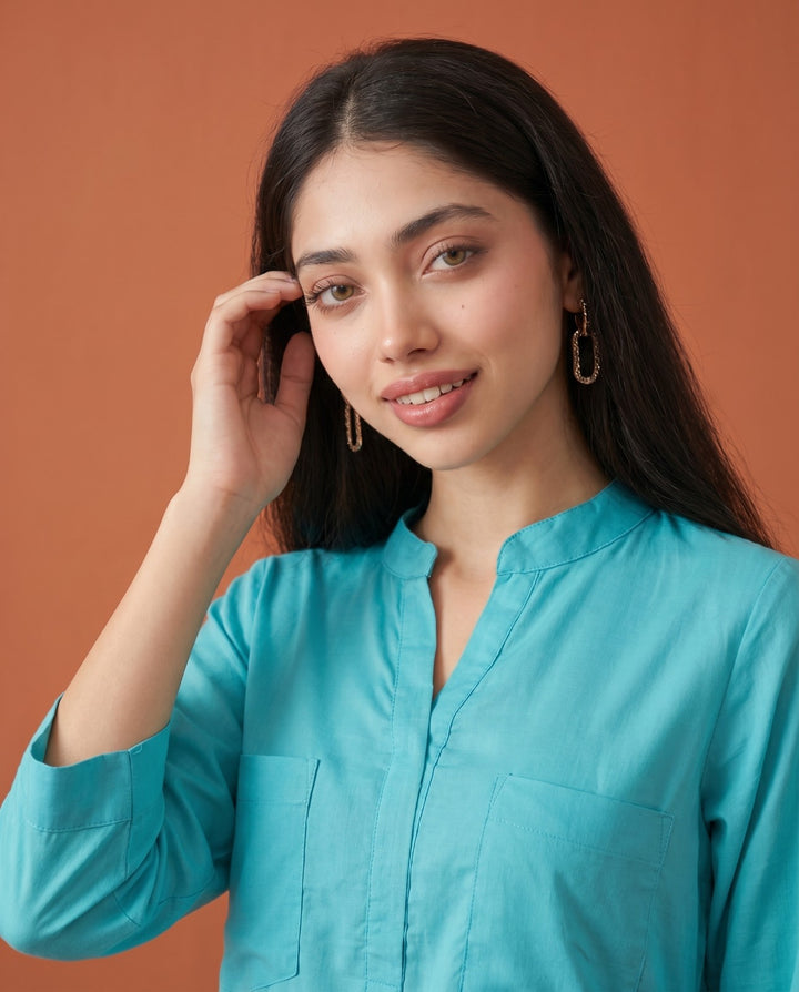 Turquoise Green Solid Cotton Satin Co-Ord Set