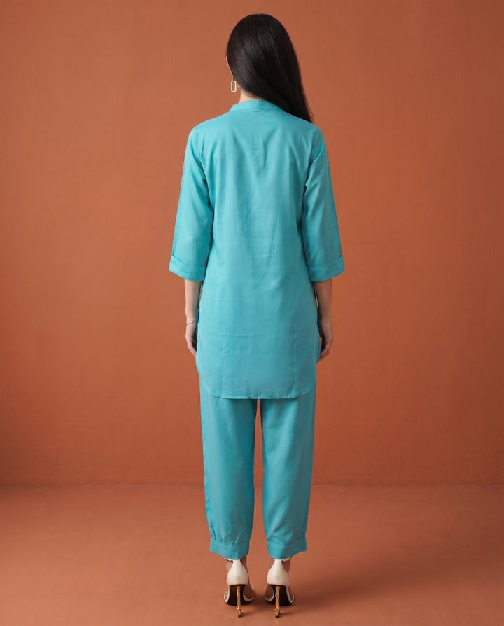 Turquoise Green Solid Cotton Satin Co-Ord Set