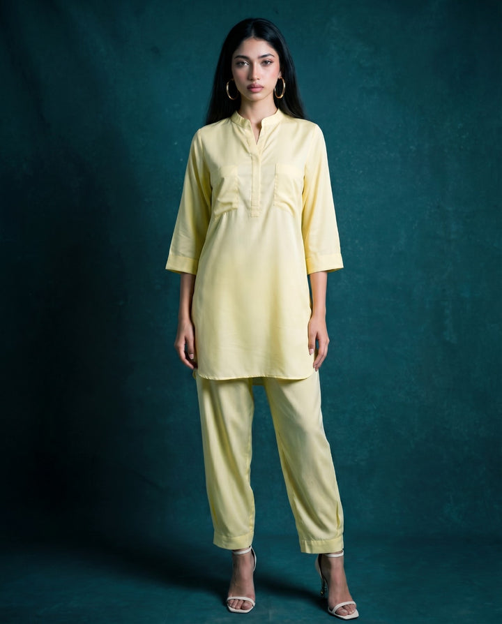 Yellow Solid Cotton Satin Co-Ord Set