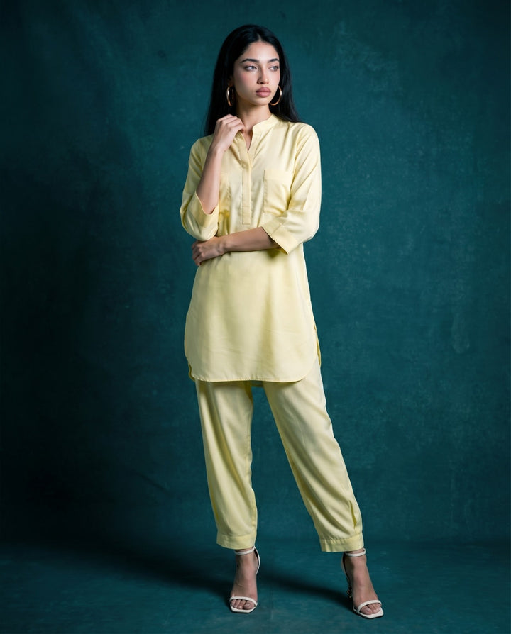 Yellow Solid Cotton Satin Co-Ord Set