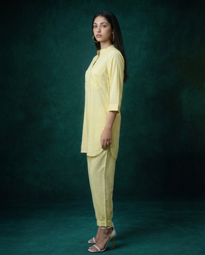 Yellow Solid Cotton Satin Co-Ord Set