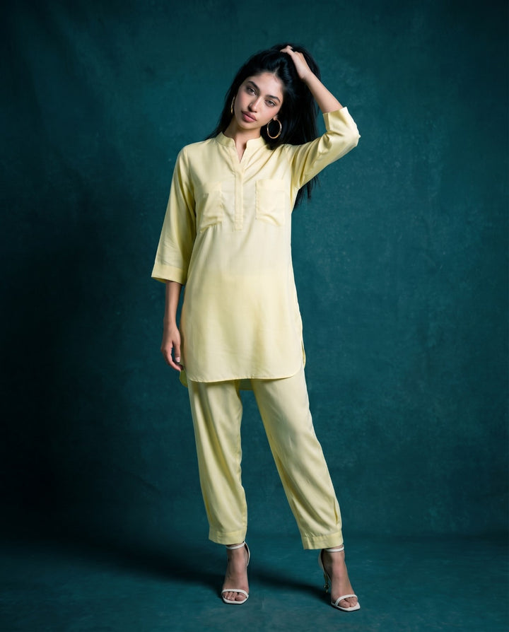 Yellow Solid Cotton Satin Co-Ord Set