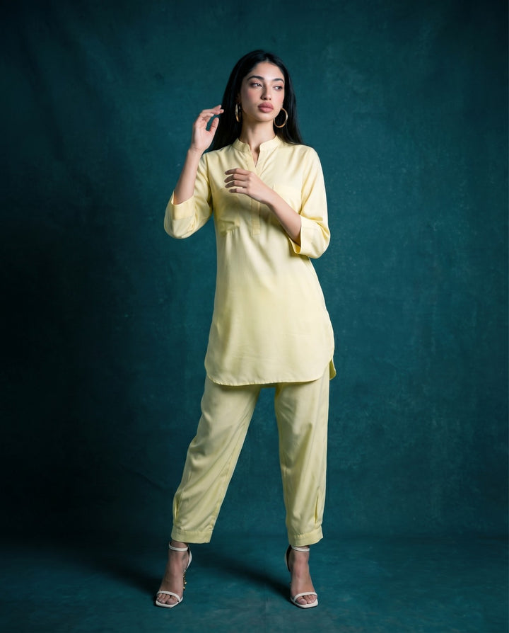 Yellow Solid Cotton Satin Co-Ord Set