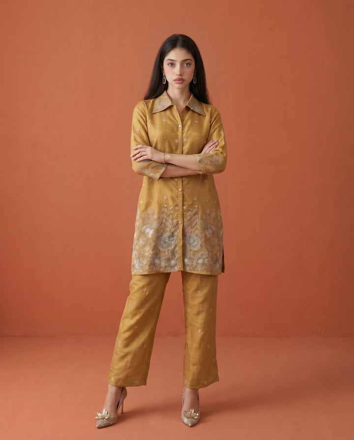 Golden Coloured Embroidered Viscose &amp; Silk Blended Co-Ord Set