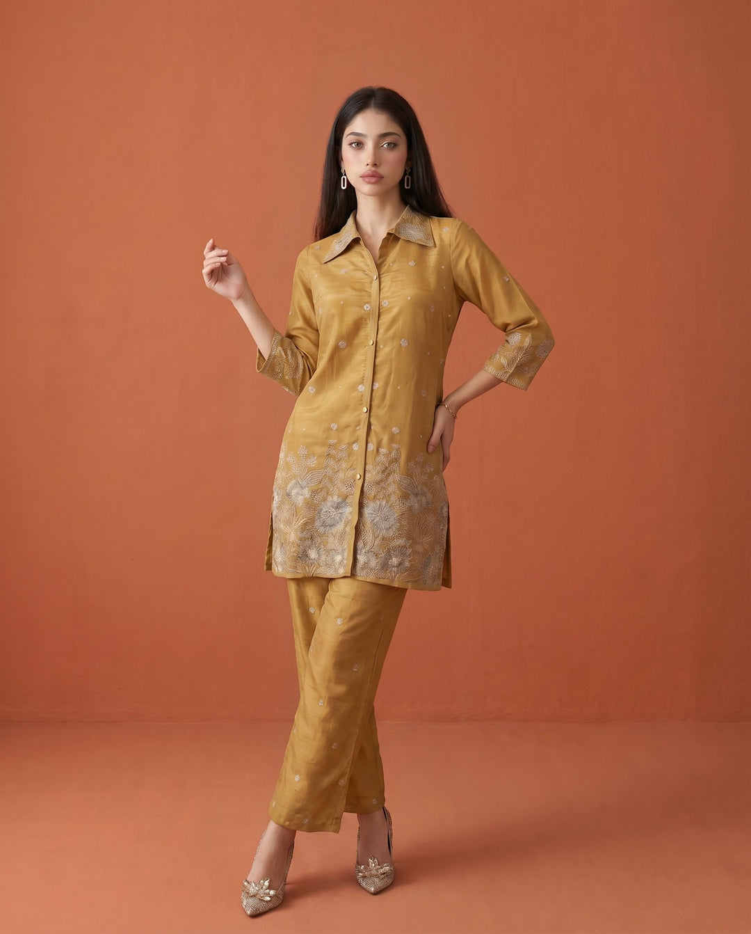 Golden Coloured Embroidered Viscose &amp; Silk Blended Co-Ord Set