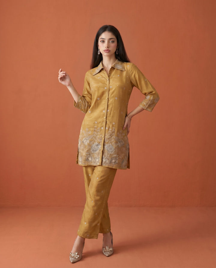 Golden Coloured Embroidered Viscose &amp; Silk Blended Co-Ord Set