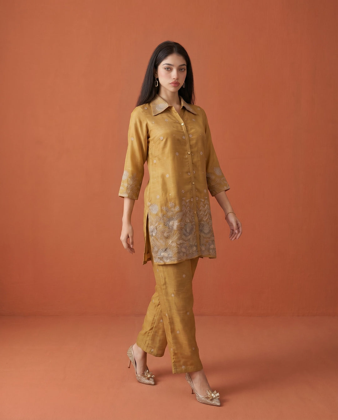 Golden Coloured Embroidered Viscose &amp; Silk Blended Co-Ord Set
