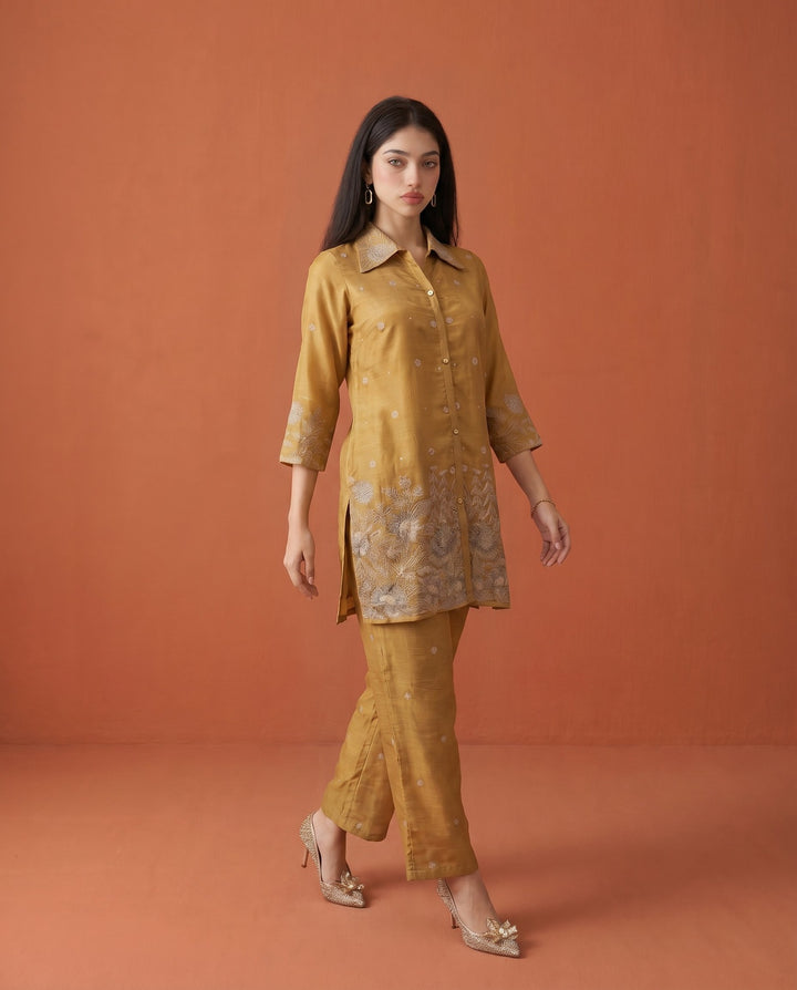 Golden Coloured Embroidered Viscose &amp; Silk Blended Co-Ord Set