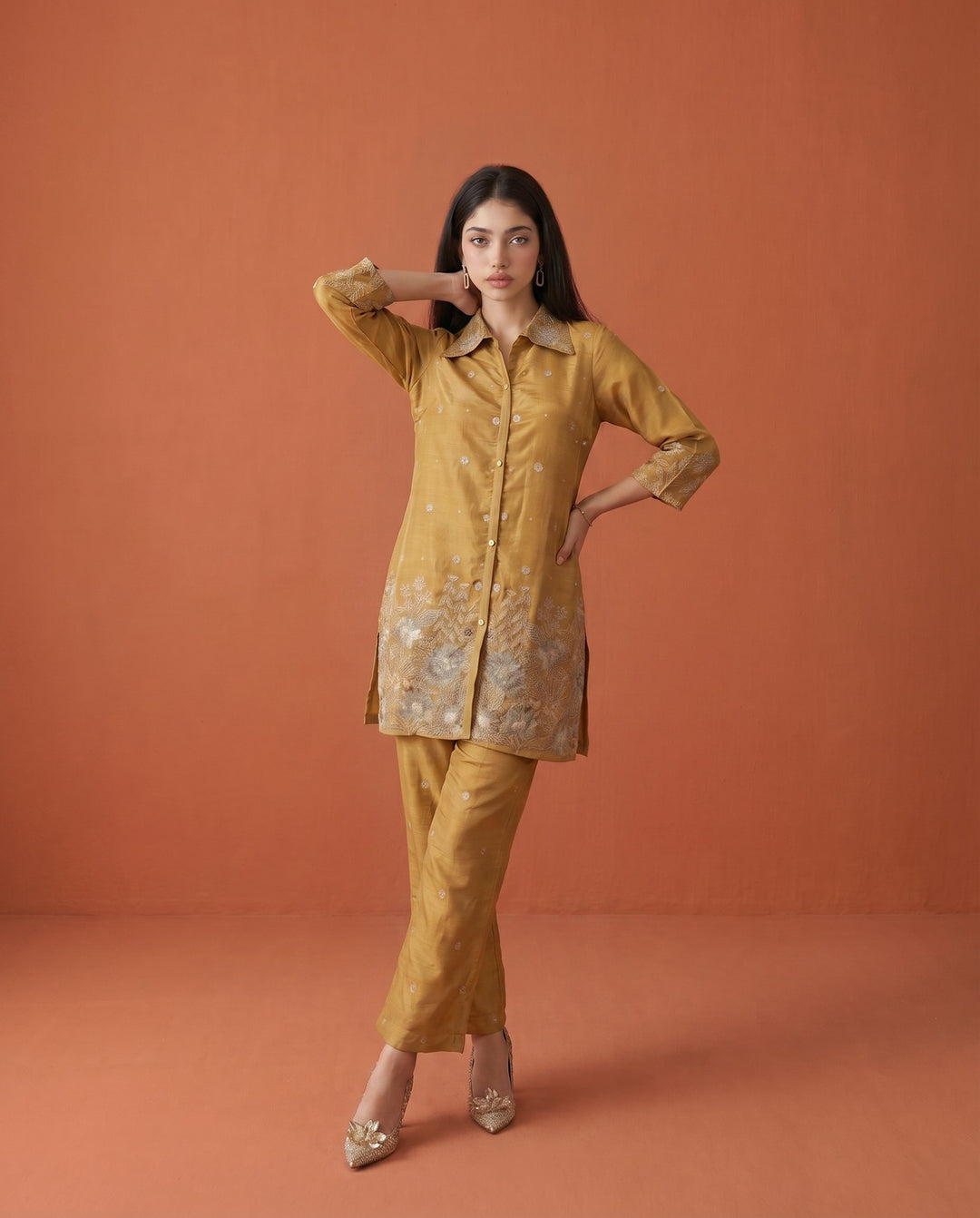 Golden Coloured Embroidered Viscose &amp; Silk Blended Co-Ord Set