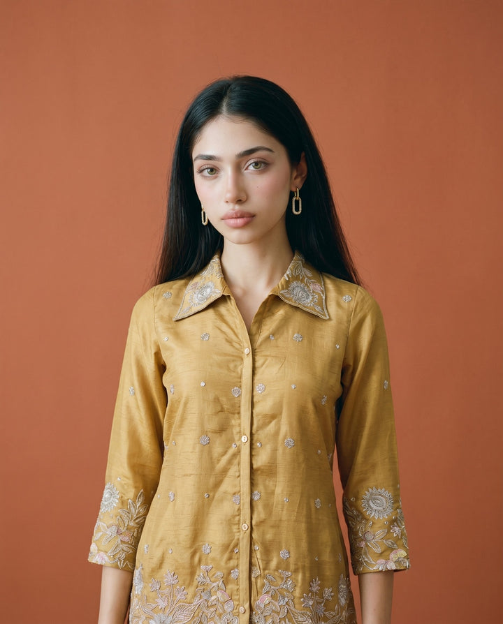 Golden Coloured Embroidered Viscose &amp; Silk Blended Co-Ord Set