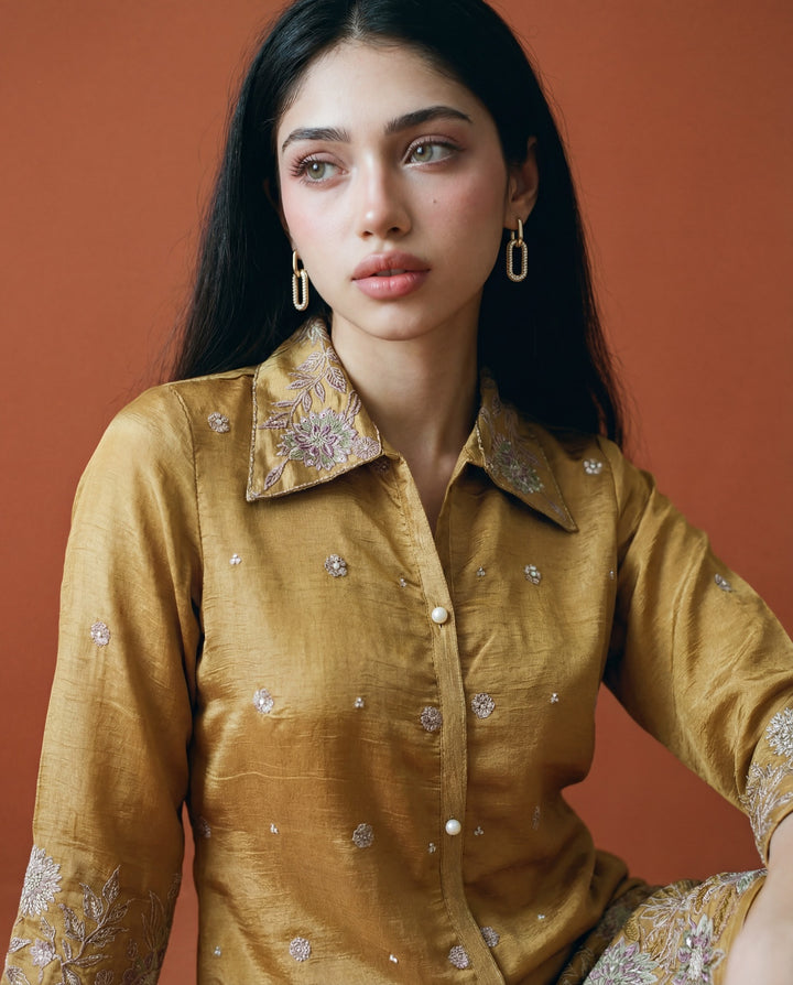 Golden Coloured Embroidered Viscose &amp; Silk Blended Co-Ord Set
