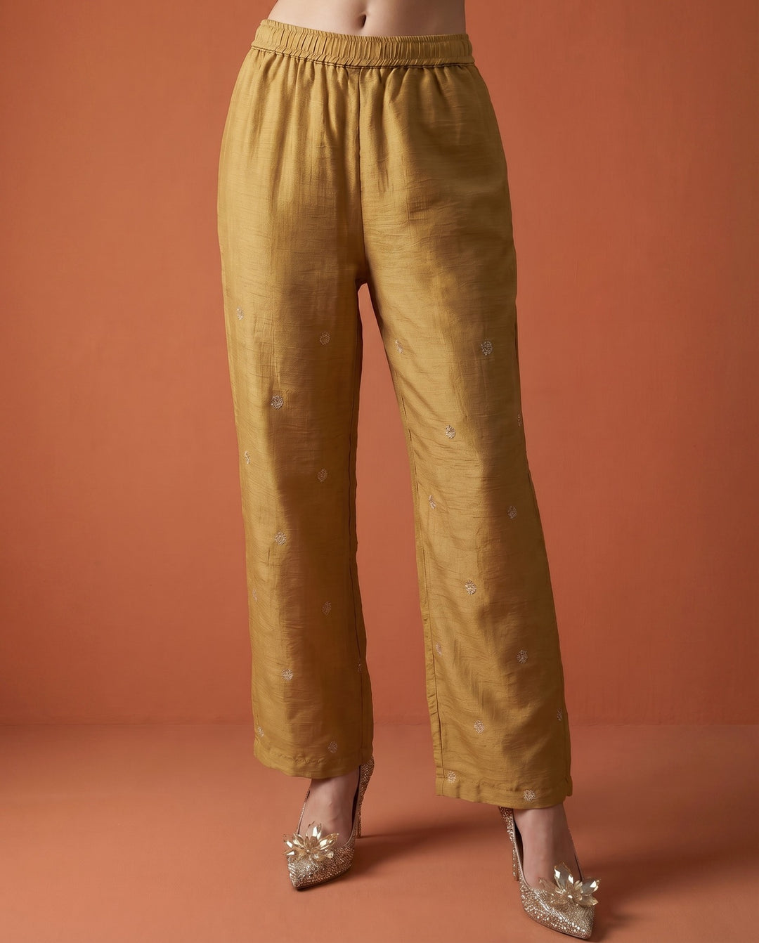 Golden Coloured Embroidered Viscose &amp; Silk Blended Co-Ord Set